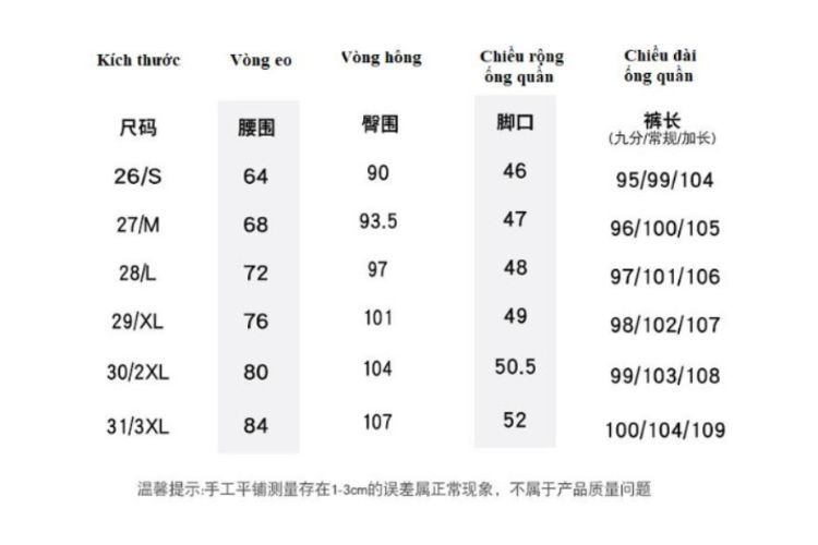 Bảng size quần nữ Trung Quốc Bảng size quần nữ Trung Quốc